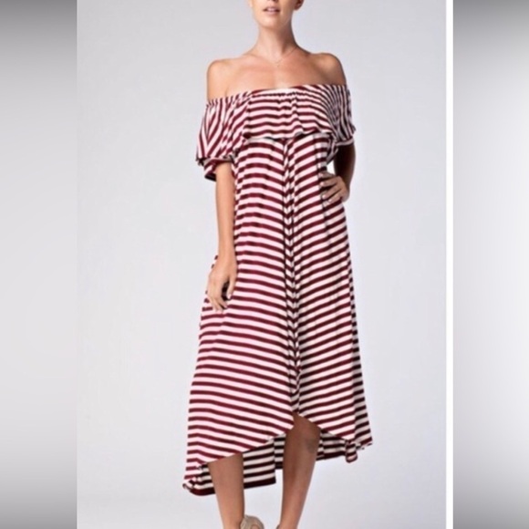 Blu Trends Dresses & Skirts - Wine & White Boho Striped Off the Shoulders Dress